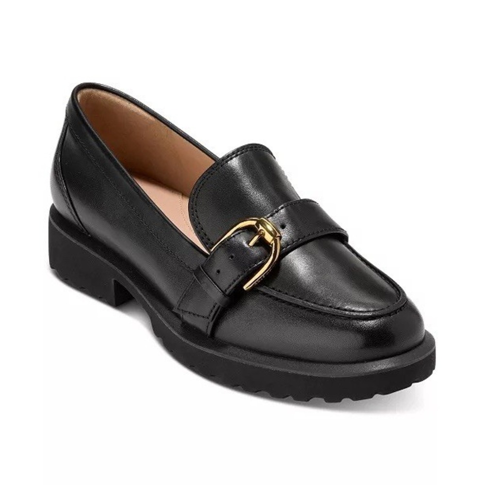 Cole Haan Womens 8B Black Leather Giana Gold Buckle Slip On Loafers Shoes